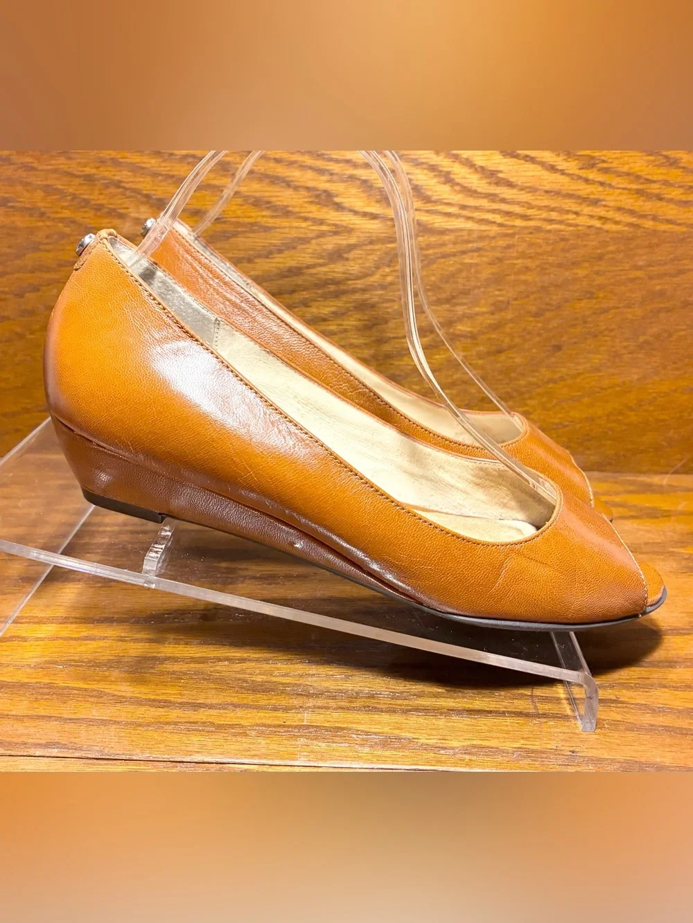 Michael Kors Peep Toe Wedge Pumps Cognac Brown Leather Size 8